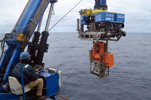 ROV Jason carrying equipment for placement on ocean bottom