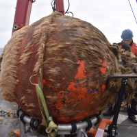 Flanking mooring sphere after one year in the ocean