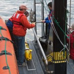 OSU/OOI personnel onboard the R/V Pacific Storm prepare the glider for deployment. (Photo Credit: Craig Hayslip, OSU)