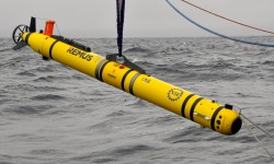 A notable accomplishment on the Pioneer-4 cruise was deployment of the Pioneer REMUS-600 Autonomous Underwater Vehicle (AUV). The AUV conducted a cross-frontal transect coordinated with a seven-station shipboard CTD survey. (Photo: Sheri White, WHOI/CGSN)