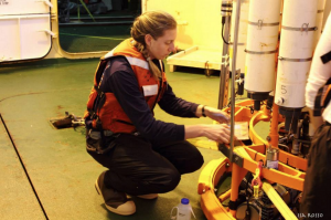 Preparing instruments on the CTD for deployment on the RV Palmer in 2014. Photo credit Isa Rosso.