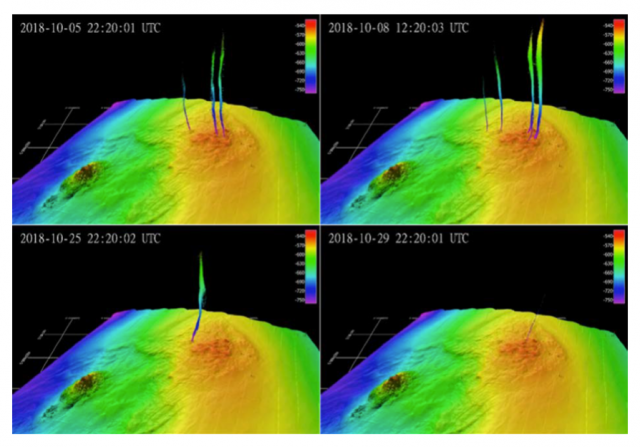 Methane bubble emissions detected by the MARUM overview sonar over the Southern Hydrate Ridge summit. The location and size of the bubble plumes vary considerably over time.