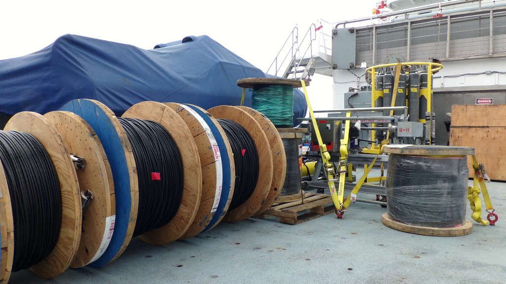 Spools of inductive mooring cables and equipment on board the R/V Melville. (Photo Credit: Bill Bergen, OOI Program Management Office)