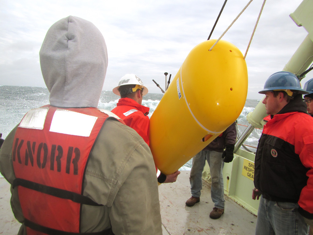 A wire-following profiler is deployed as part of the Irminger Sea Hybrid Profiler Mooring (Photo Credit: WHOI)