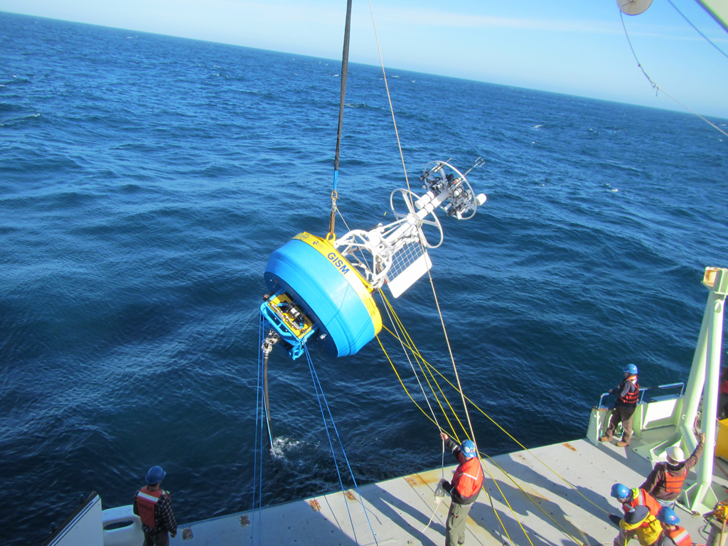 The Irminger Sea Surface Mooring is deployed off the R/V Knorr (Photo Credit: WHOI)