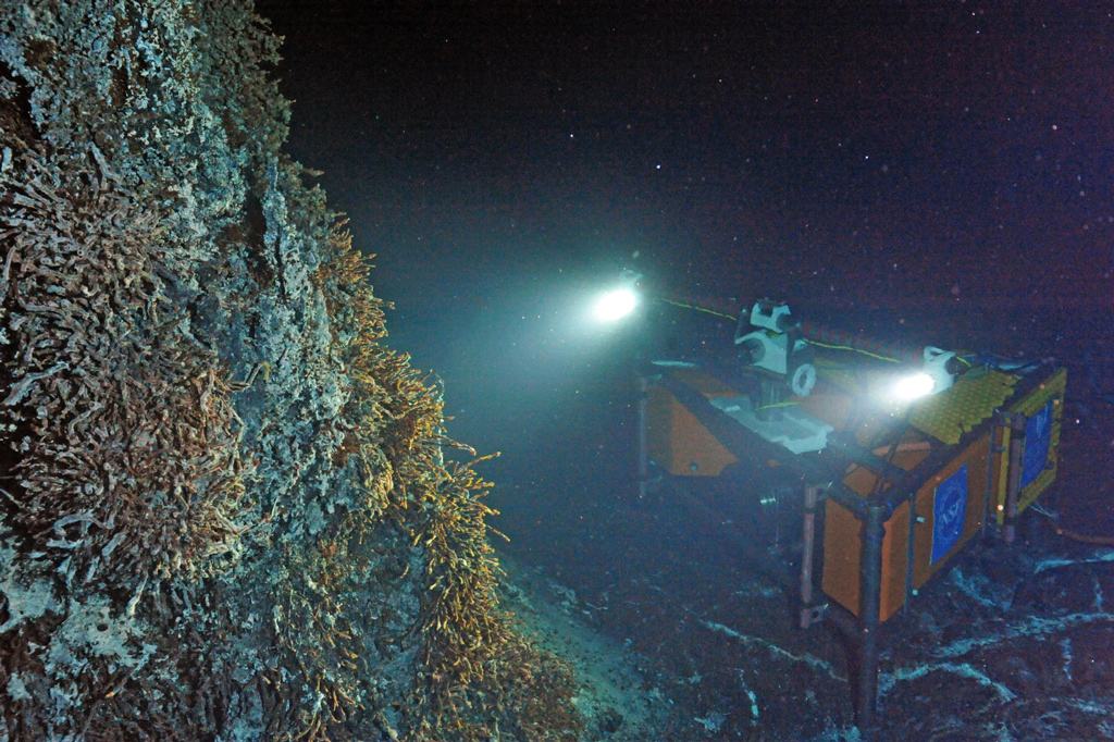 HD Camera Installed at ASHES - A new high definition camera is installed at the hydrothermal vent called 'Mushroom' in the ASHES hydrothermal field atop Axial Volcano. The camera, built by the UW Applied Physics Lab, was tested during the cruise and streamed live HD imagery >300 miles back to shore from a water depth of >5000 ft. Photo Credit: NSF-OOI/UW/ISS; Dive R1835; V15.