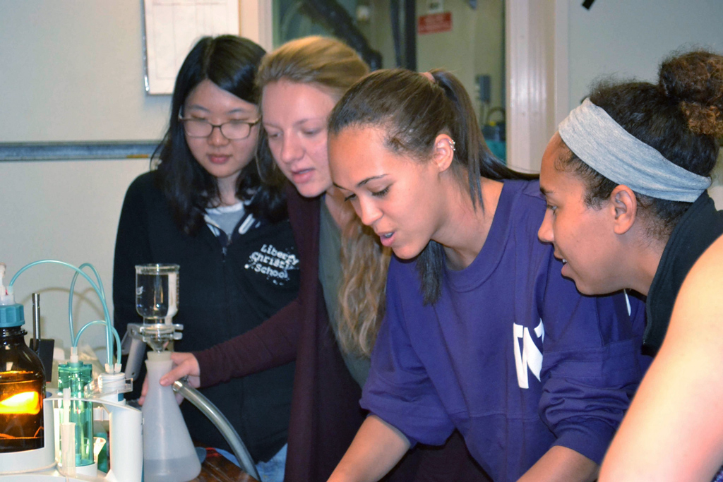 Learning How to Measure Oxygen In the Ocean - University of Washington undergraduate students learn how to make measurements of dissolved oxygen in seawater taken at depths of 1000 m beneath the ocean's surface during Leg 1. (Photo Credit: Debbie Kelley, University of Washington)