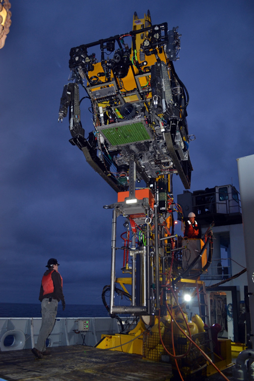 Slope Base Platform Controller Recovered - The Platform Interface Controller rests on deck after recovery by the ROV ROPOS. The recovery of this infrastructure, deployed in 2014, is part of the annual maintenance of the Cabled Array. A new Platform Interface Controller was deployed for 2015. Photo Credit: Mitch Elend, University of Washington; V15.