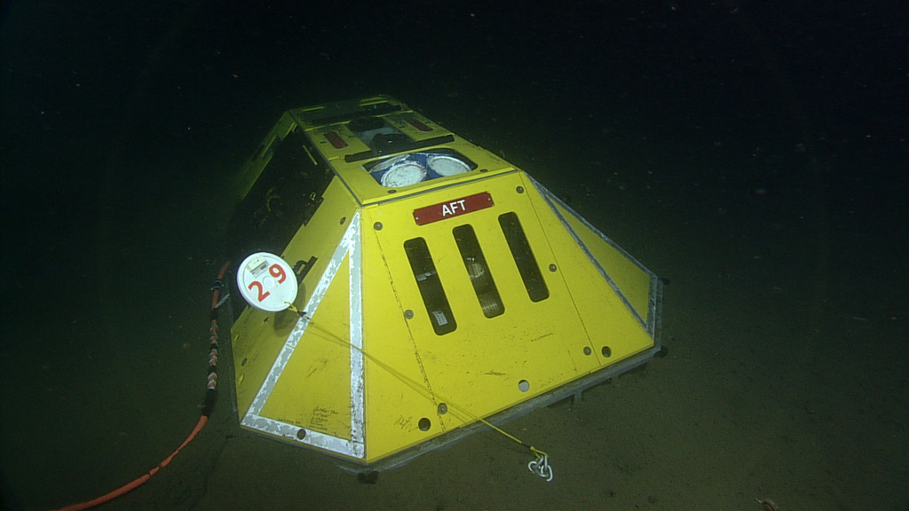 Endurance Oregon Offshore Benthic Experiment Package (BEP) deployed on Dive 1745, July 14 at about 1700 local time. The package contains nine different oceanographic sensors, and was connected by a 50 meter oil-filled cable to the LV01C junction box, allowing it to send near real-time data back to shore. The attached hydrophone (underwater microphone) was deployed a few meters away.  (Photo Credit: NSF/UW/CSSF, Dive R1745, VISIONS '14)
