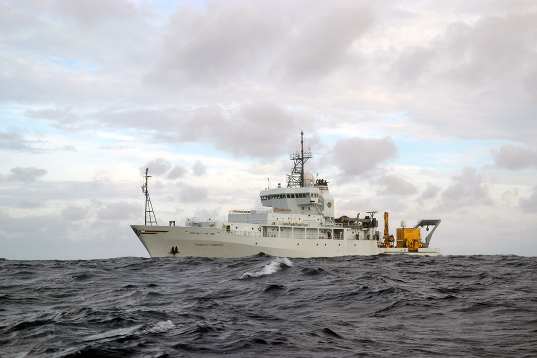 The VISIONS’13 expedition is scheduled to take place in July and August on the R/V Thompson shown above. A University of Washington-led team will do considerable at sea preparation work during the cruise for future installation of the secondary infrastructure on the Ocean Observatories Initiative’s cabled observatory in the northeast Pacific Ocean. (Credit: Allison Fundis, University of Washington, 2011)