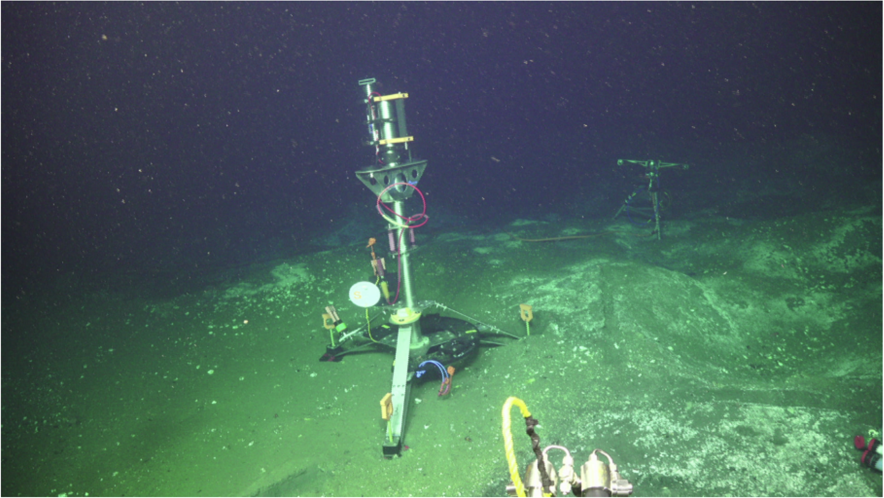 Figure 1. The Quantification Scanning Sonar (QSS) is mounted at the top of a 2.8 m-high tripod. It is installed on flat sediments adjacent to hummocky terrain around the Einstein's Grotto vent. The RCA Digital Still Camera (CAMDSB103) is visible in the background. Credit: UW/NSF-OOI/WHOI; V18.