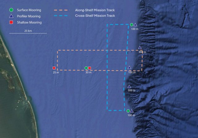 Aerial diagram showing the region traveled by the coastal AUVs across the shelf-break frontal system.