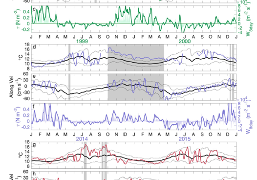 Figure 33: 8‐Day low‐pass filtered surface temperature at NH‐10/CE02SHSM for (a) 1999–2000, (d) 2014–2015, and (g) 2019–2020; 8‐day low‐pass filtered along‐shelf surface velocity for (b) 1999–2000, (e) 2014–2015, and (h) 2019–2020; and NDBC 46050 wind stress vectors (thin light lines) and along‐shelf 8‐day wind stress (thick lines) (c) 1999–2000, (f) 2014–2015, and (i) 2019–2020. Events identified as surface marine heatwaves are shaded in gray. The thick black line in panels (a–b), (d–e), and (g–h) is the climatological mean computed over the full NH‐10 time series (Figure 33c), repeated twice, and the thin black lines are the 90th and tenth percentiles.
