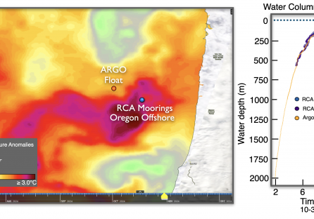 Example illustration of satellite, ARGO Float, and RCA Shallow and Deep Profiler Mooring data to be incorporated into model integration tools aligning RCA observations with model outputs and satellite products. Credit: W. Ruef, University of Washington. 