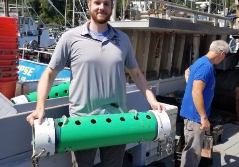 Sean Coleman holds a trawl-mounted CTD instrument used to measure dissolved oxygen during NOAA's annual groundfish surveys. These observations were among the datasets used in the study. Photo credit: J. A. Barth.