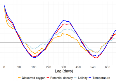 Temporal auto correlation functions for four oceanographic variables measured as profiles at the Coastal Endurance Washington Offshore Profiler Mooring (CE09OSPM).